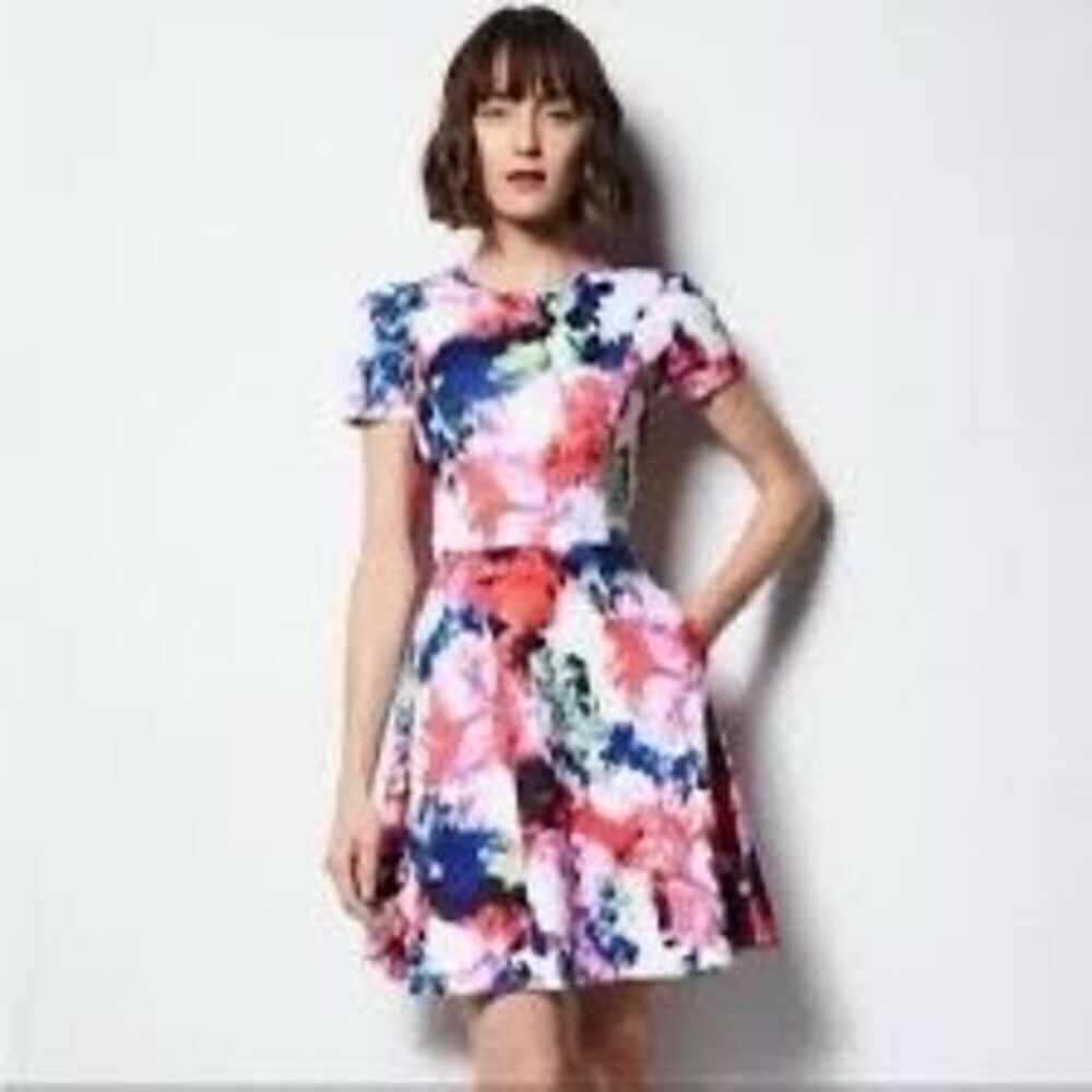 Milly Women's 12 Short Sleeve Fit & Flare Mini Dress Multicolor Abstract Floral